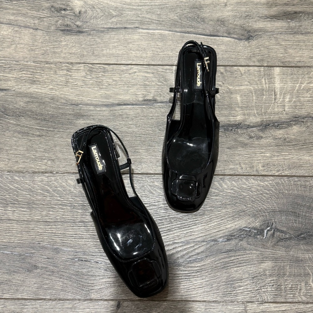 • Larroude • Women’s Block Heel Square Toe Heels Patent Black Leather 10
